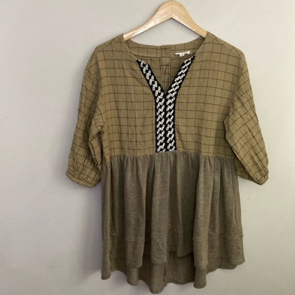 Oddly Boho Mixed Media Cotton Tunic with Crochet Detail in Brown size M - Picture 1 of 10